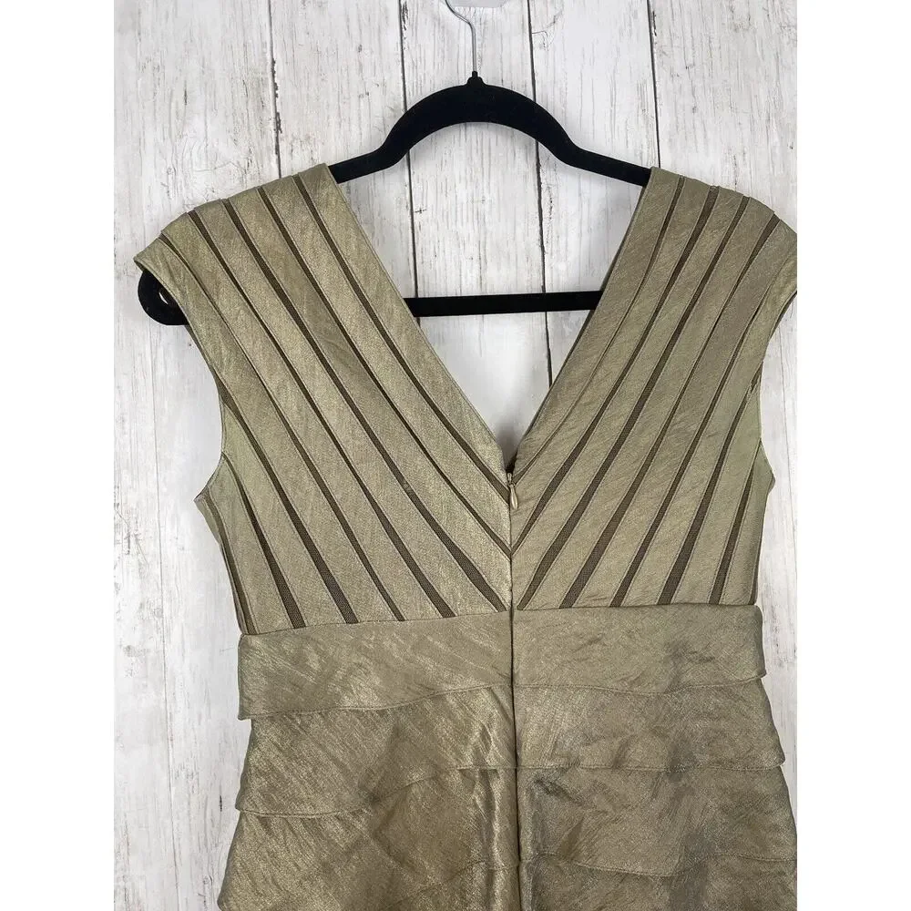 Adrianna Papell Dress Size 4 Gold Beige Shimmer Panels Tiered Ruffles Party Glam